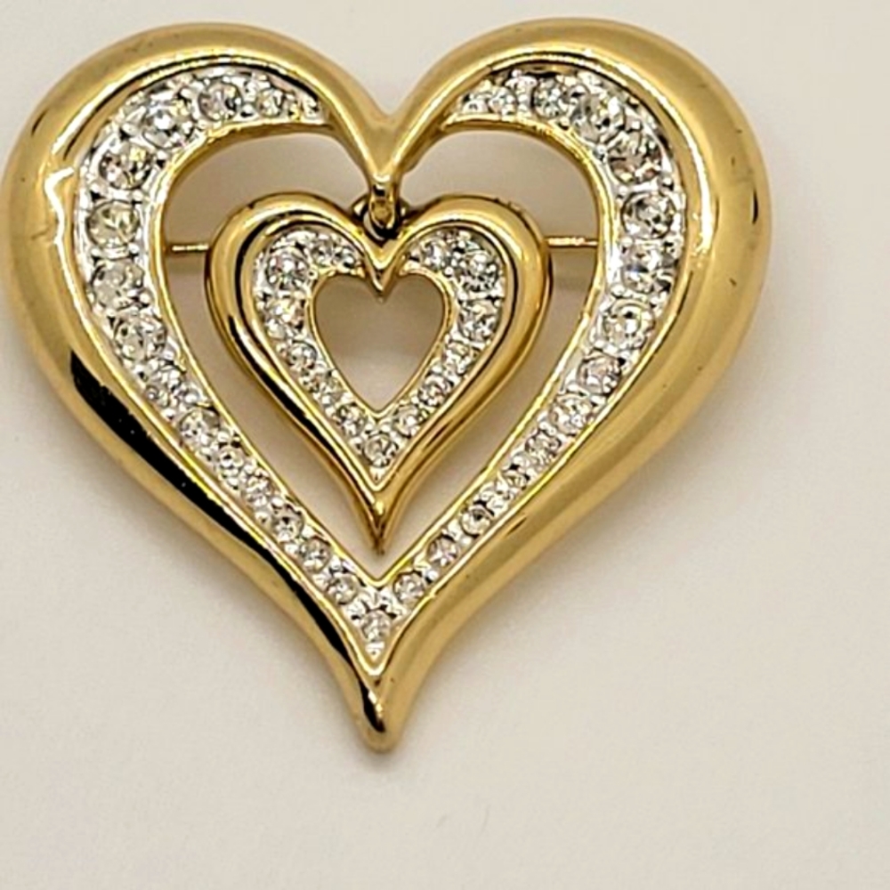 Brooch, Pin, Heart, Gold, Crystals, Scarf Necklace Jewelry